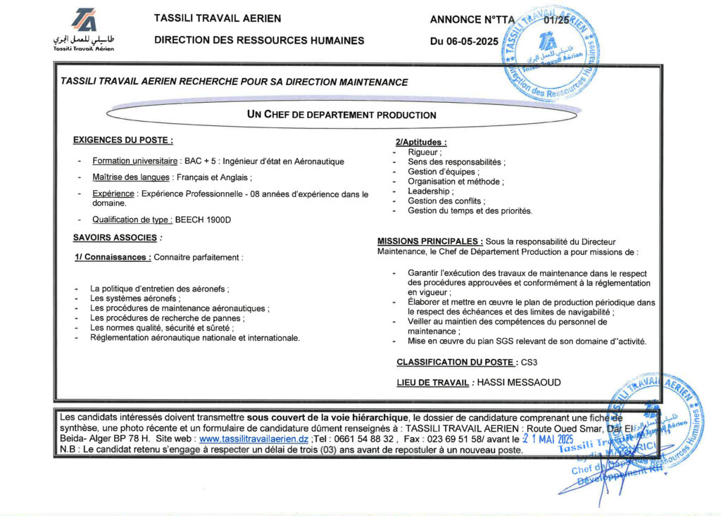 Chef de département production | Tassili Travail Aérien, SPA | 20250506111804